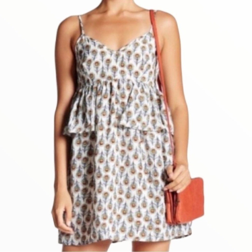 Oat + Fawn Peacock Feather Print Tiered Mini Dress White‎ Womens M Sundress